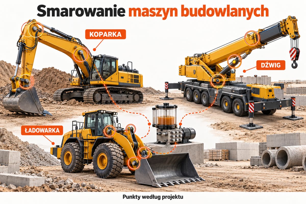Smarowanie maszyn budowlanych — koparka, ładowarka, dźwig