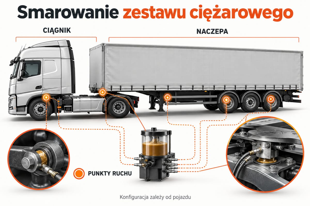 Smarowanie zestawu ciężarowego — ciągnik, naczepa, punkty ruchu