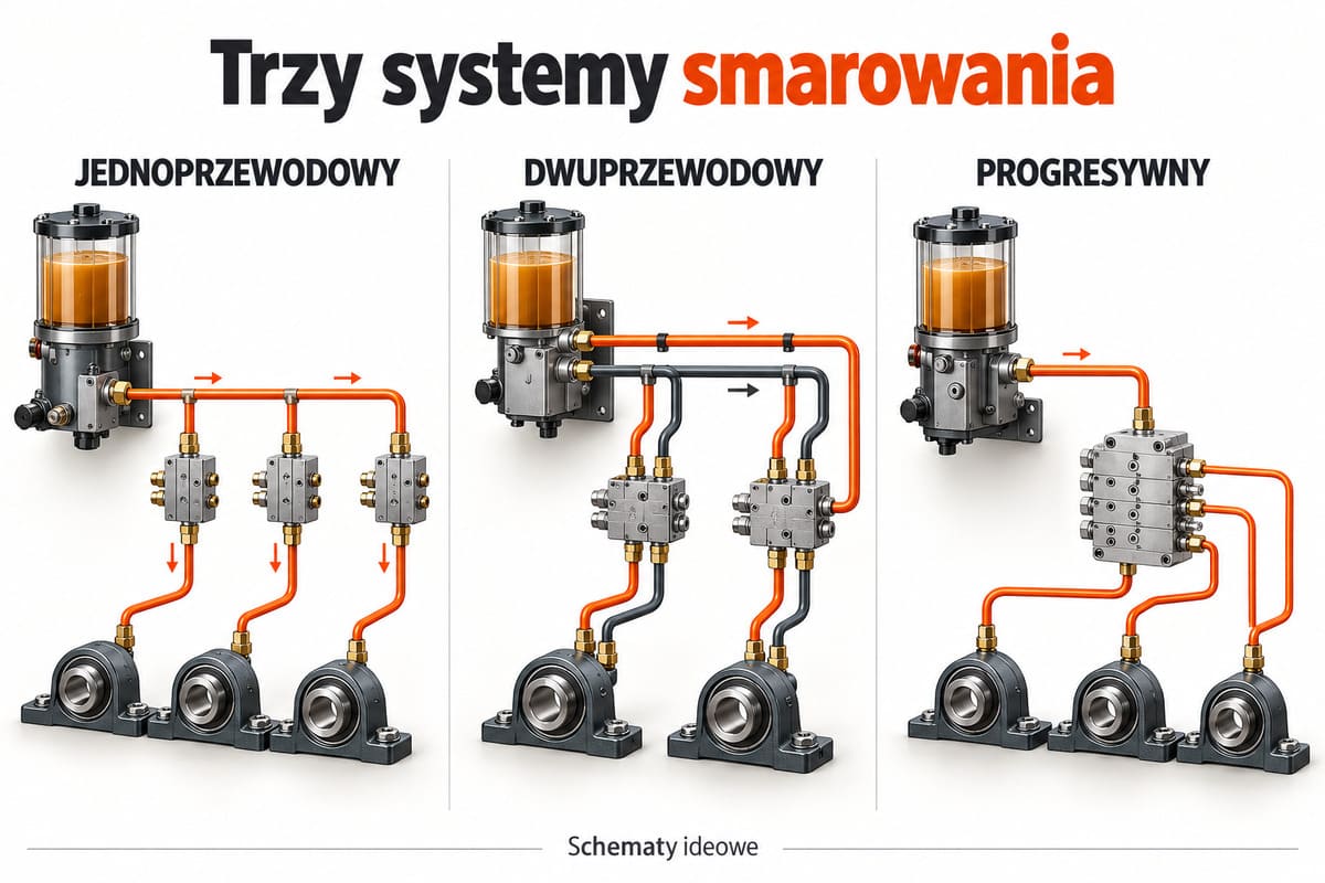 Trzy systemy smarowania — jednoprzewodowy, dwuprzewodowy, progresywny